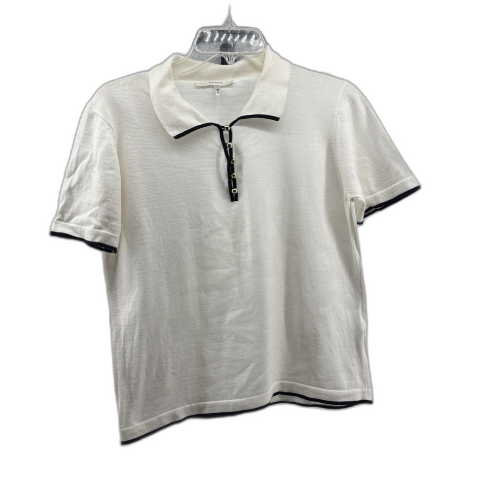 FRAME Women’s The Sport Tipped   100% Cotton Polo  White/Navy Stripe Size Large